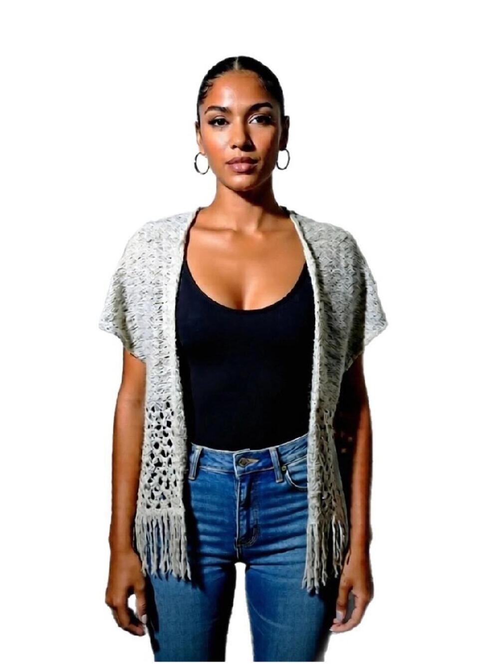 Hollister Womens Bohemian Boho short sleeve cardigan vest ivory beige Sz S/M